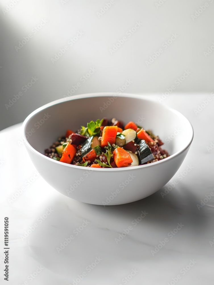 A colorful bowl of quinoa salad with vegetables, showcasing healthy eating. A colorful bowl of quinoa salad with vegetables, showcasing healthy eating.