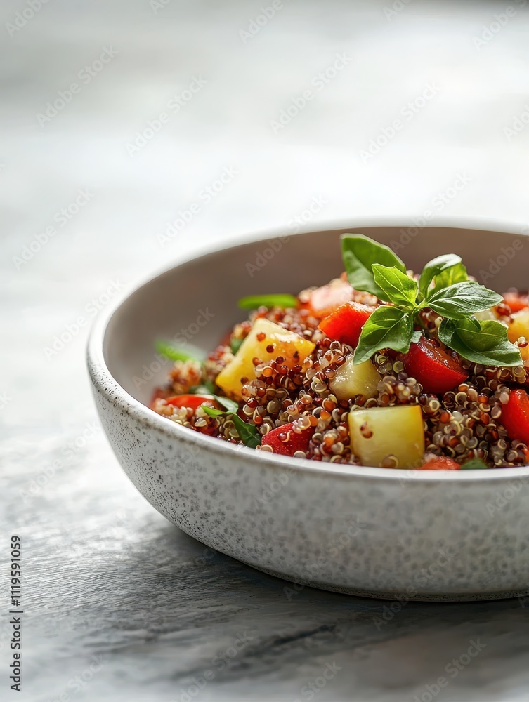 A bowl of quinoa salad with vegetables and herbs, showcasing healthy eating. A bowl of quinoa salad with vegetables and herbs, showcasing healthy eating.
