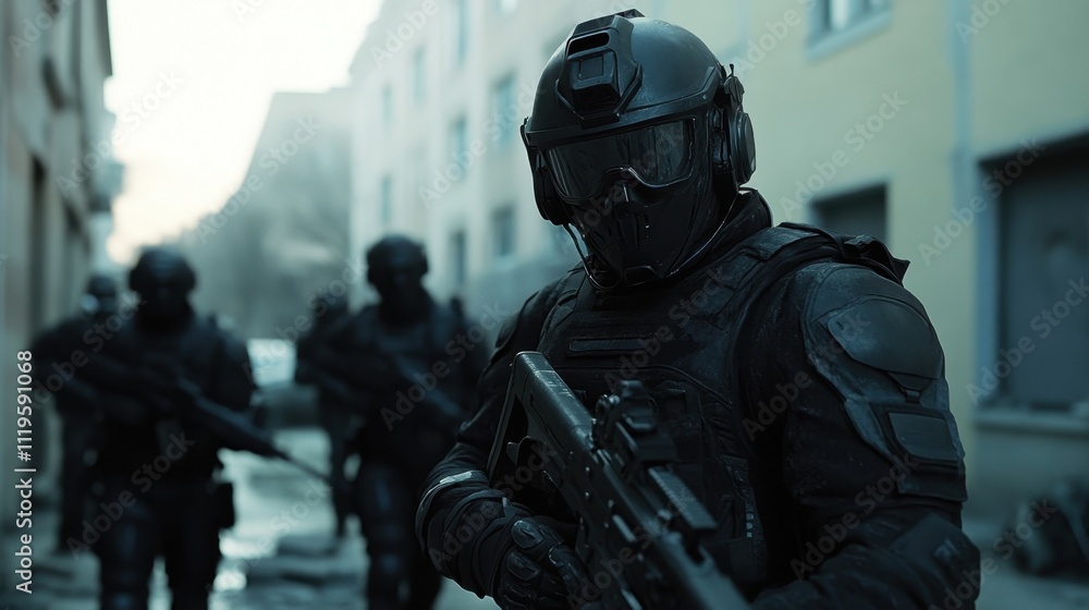 Heavily armored robotic soldiers march through a devastated urban landscape in a gritty futuristic war scene.