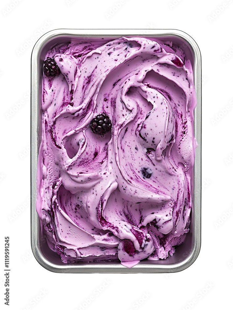 Obraz premium Extreme top view of hyper-realistic blueberry basil gelato ice cream spread across a gelato steel tray isolated on a white transparent background