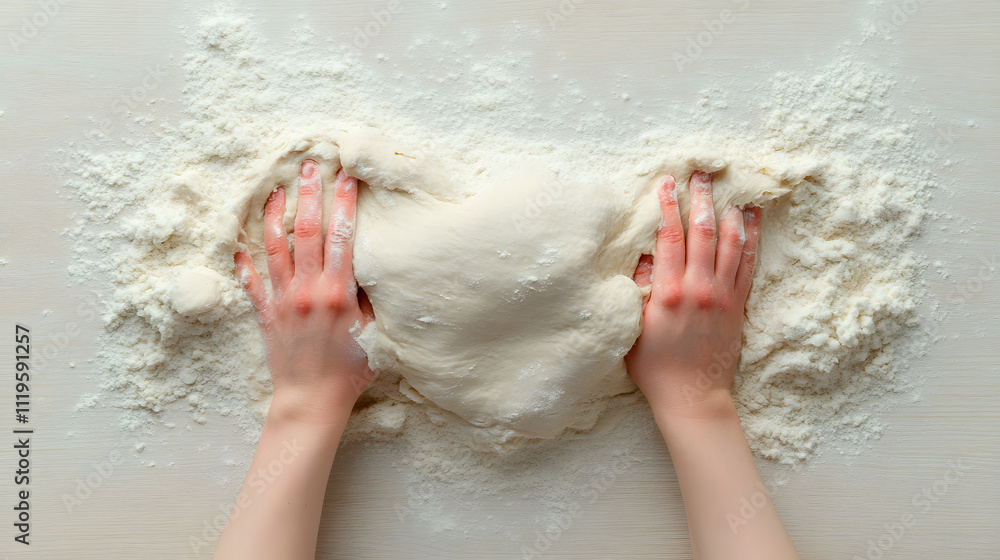 Fototapeta premium Close up cooking actionkneading dough in a bright kitchen environment capturing the art of baking