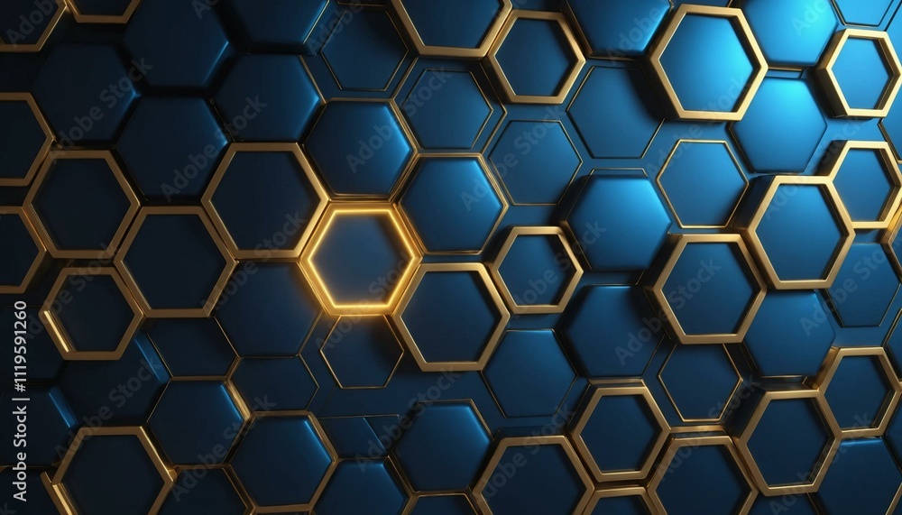 Modern Blue and Gold Hexagonal Pattern with Illuminated Details Modern Blue and Gold Hexagonal Pattern with Illuminated Details