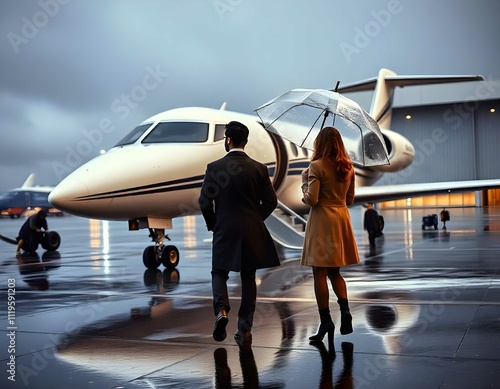 Wealthy Couple Departing from Private Jet in Rainy Weather photo