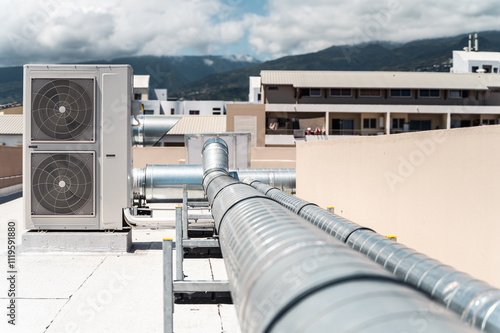 Large industrial air conditioning system on the roof of building