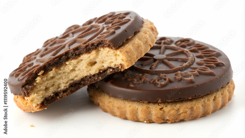A chocolate-coated biscuit cookie, featuring a textured base, isolated against a pure white background, perfect for advertising A chocolate-coated biscuit cookie, featuring a textured base, isolated against a pure white background, perfect for advertising