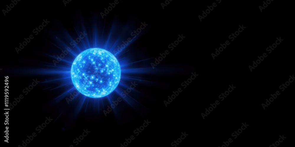 Obraz premium Blue glowing energy ball emitting light rays on a dark black background, ball, glowing