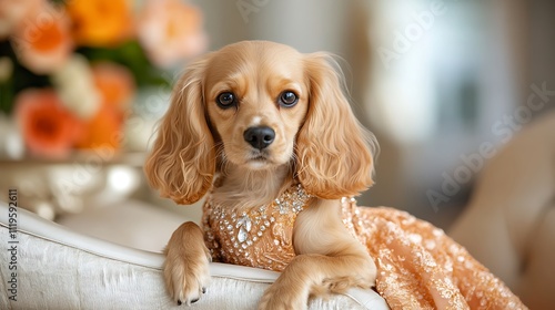 Adorable dog in elegant dress with sparkling details, relaxing on a plush couch in a beautifully decorated interior with soft natural lighting and vibrant floral arrangement.
