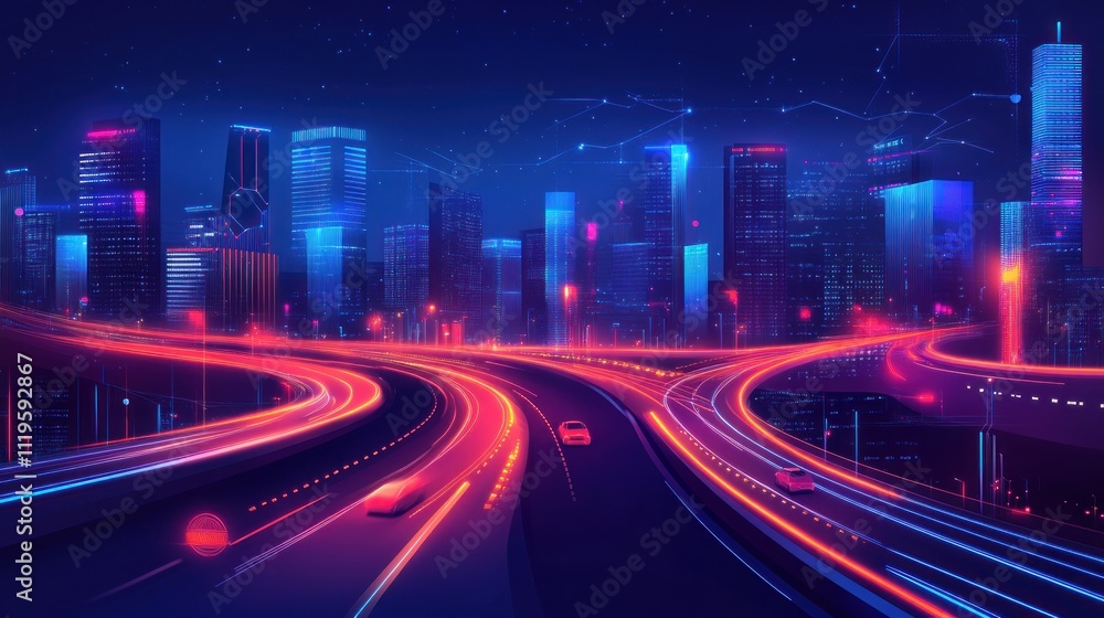 Neon cityscape at night with glowing highways and futuristic skyscrapers. Neon cityscape at night with glowing highways and futuristic skyscrapers.