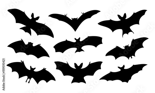 Halloween bats silhouettes set. Isolated vector winged vampire animal black shapes on white background.