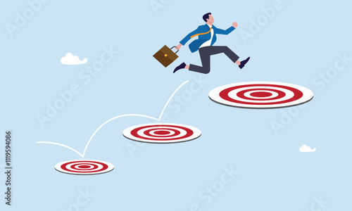 Advancement in career or business growth concept, aspiration and motivation to achieve bigger business target, smart businessman jumping on bigger and higher archery bull's eye target.