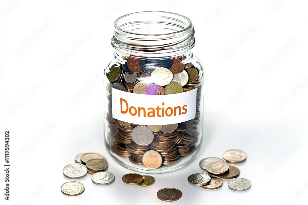 Donations jar filled with coins, concept of charity and savings Donations jar filled with coins, concept of charity and savings