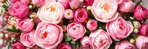 Fresh bunch of pink peonies and roses with copy space on white background, petals, wedding