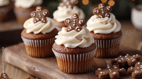 These charming gingerbread cupcakes showcase a rich, spiced flavor, beautifully topped with creamy frosting and adorned with mini gingerbread cookies. Perfect for holiday gatherings