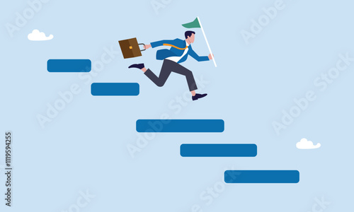 Businessman project manager with winning flag jump on project management diagram, Project management gantt chart, track complete tasks, workflow to launch within target timeline concept.