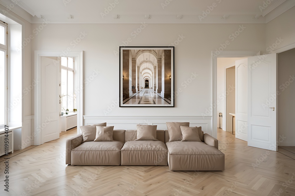 ISO A Paper size Frame Mockup. Living Room Frame Mockup Display. Modern Living Room with Wall Frame Mockup. Stylish Interior with Curved Sofa and Blank Wall Frame Mockup. 3D render ISO A Paper size Frame Mockup. Living Room Frame Mockup Display. Modern Living Room with Wall Frame Mockup. Stylish Interior with Curved Sofa and Blank Wall Frame Mockup. 3D render