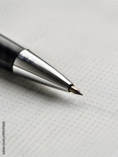 A close-up of a pen on a piece of paper. The pen is black and silver and the paper has a subtle dotted pattern.