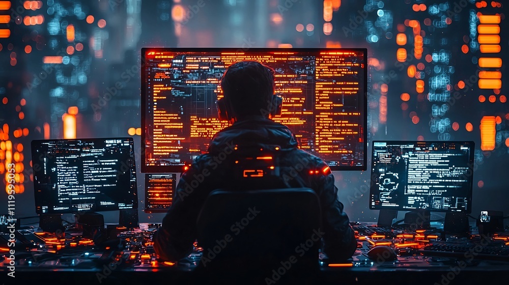 Fototapeta premium Software Developer Coding in Holographic Workspace with Floating Code and Glowing Monitors