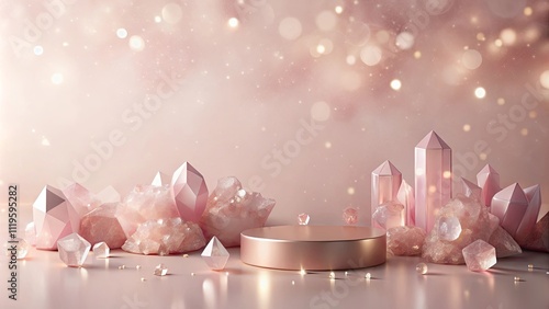 Elegant Rose Quartz Crystals Surround a Gold Display Platform