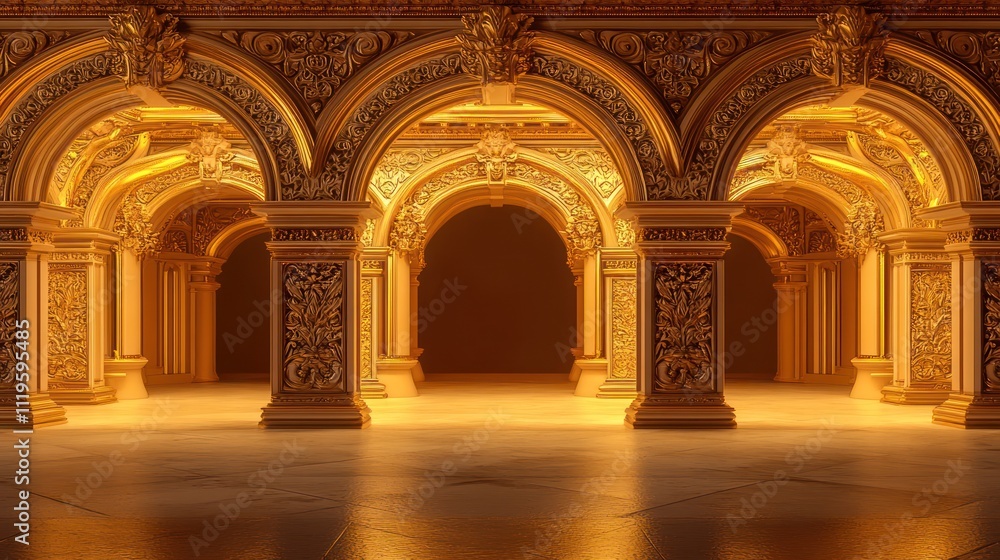 Ornate architectural interior with golden arches and intricate designs. Ornate architectural interior with golden arches and intricate designs.
