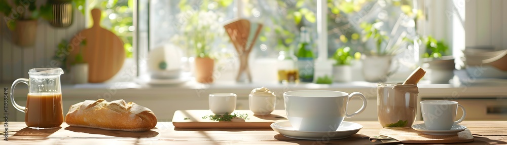 Morning coffee and bread on kitchen table home lifestyle natural light Morning coffee and bread on kitchen table home lifestyle natural light