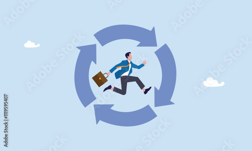 Working habit, businessman running on habit circle arrow diagram, life cycle or daily routine behavior, agile development, discipline or working efficiency, procedure or process to success concept.