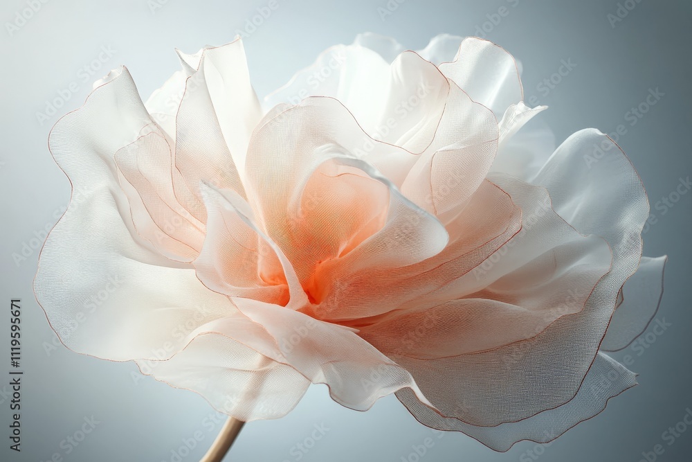 Delicate fabric flower showcasing soft petals in shades of white and peach against a minimalist background Delicate fabric flower showcasing soft petals in shades of white and peach against a minimalist background
