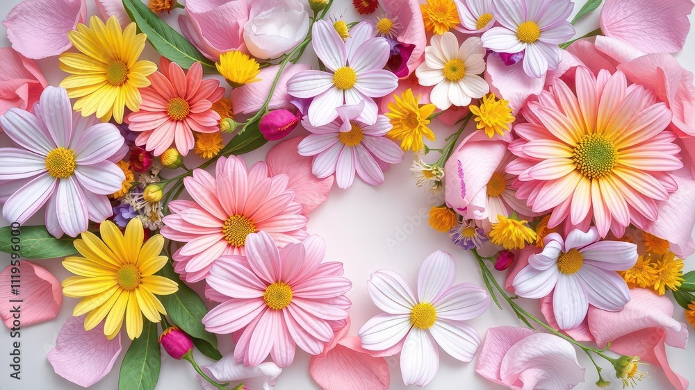 Beautiful spring flowers of various colors arranged on a paper background, vibrant, flowers Beautiful spring flowers of various colors arranged on a paper background, vibrant, flowers