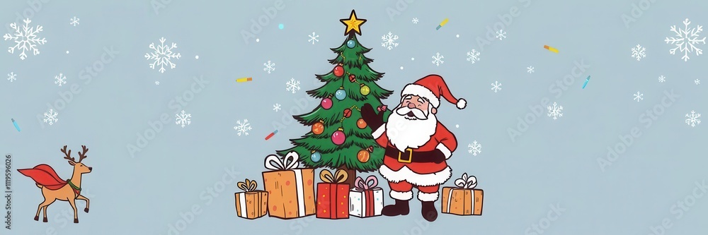 Big set of Christmas design elements in doodle style including Santa, reindeer, Christmas tree, ornaments, snowflakes, presents, and stockings, Santa, tree, presents Big set of Christmas design elements in doodle style including Santa, reindeer, Christmas tree, ornaments, snowflakes, presents, and stockings, Santa, tree, presents