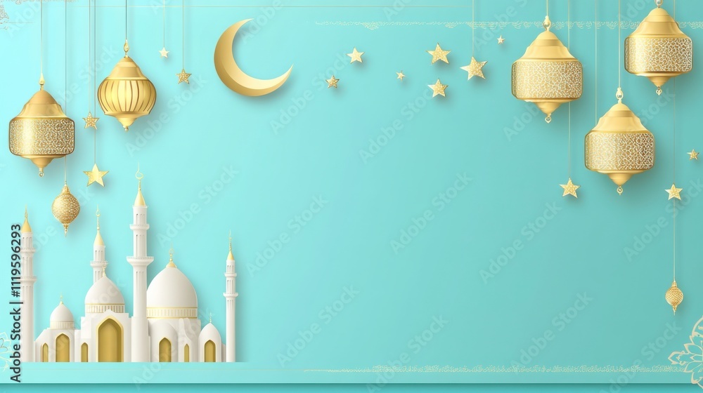 Softly Glowing Lanterns Over Mosque in Turquoise Night Softly Glowing Lanterns Over Mosque in Turquoise Night