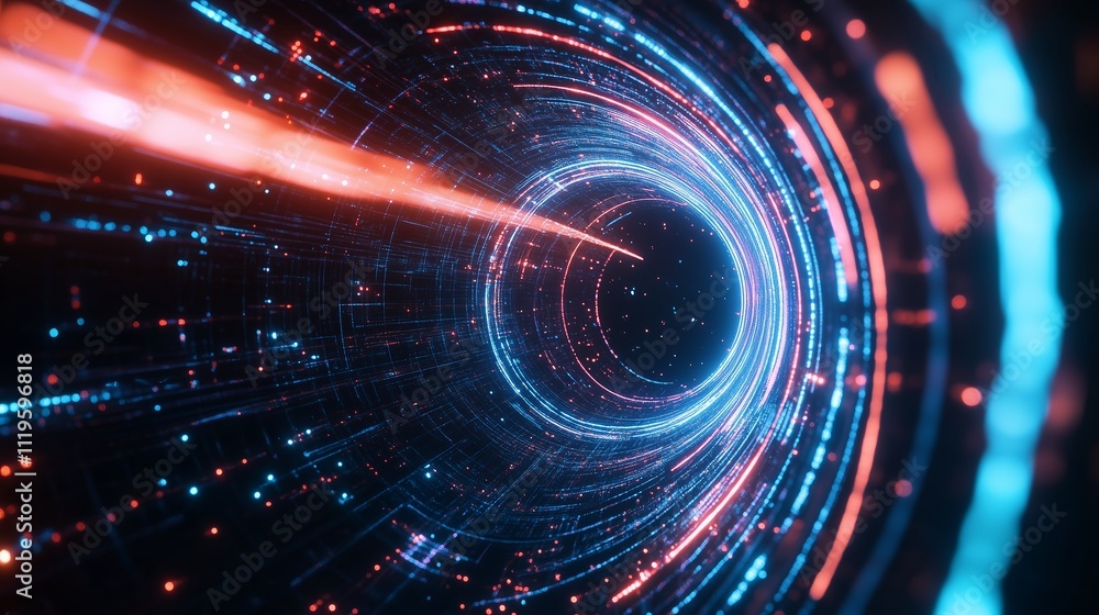 Visual representation of a futuristic digital tunnel with glowing particles and streaming light effects Visual representation of a futuristic digital tunnel with glowing particles and streaming light effects