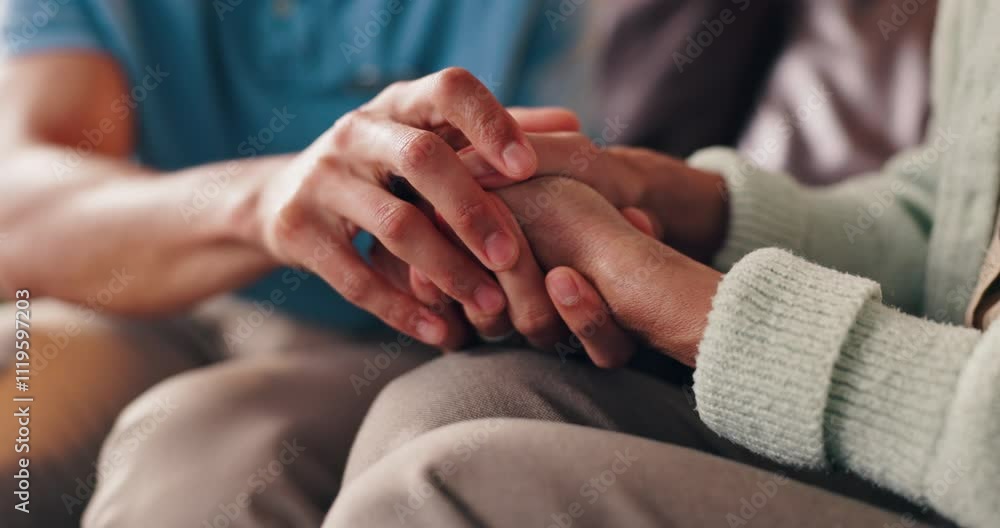 Person, therapist and hands with empathy on sofa for care, support or understanding at therapy session. Closeup, psychologist and patient with emotion for grief, loss or chronic condition on couch Person, therapist and hands with empathy on sofa for care, support or understanding at therapy session. Closeup, psychologist and patient with emotion for grief, loss or chronic condition on couch