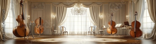 A beautifully designed room featuring string instruments and elegant decor for music practice.