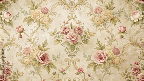 Elegant Floral Damask Pattern with Watercolor Roses and Vintage Scrollwork