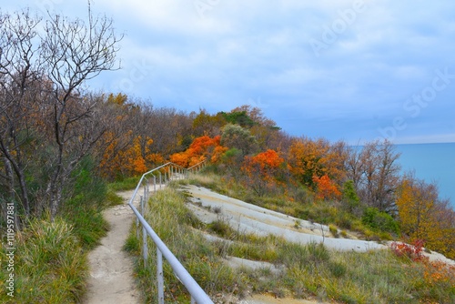 Footpath and a metal fence in Strunjan nature park with bushes in red and orange autumn foliage in Istria, Littoral, Slovenia photo