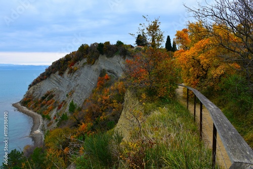 Fence and a footpath at Strunjan nature park and flysch cliff above the Adriatic sea in Istria, LIttoral, Slovenia photo