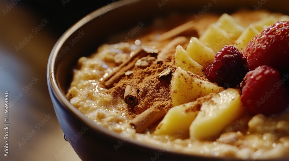 Close-up of oatmeal with apple, raspberries, cinnamon, and granola. Close-up of oatmeal with apple, raspberries, cinnamon, and granola.