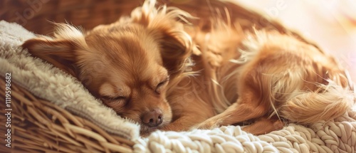 A fluffy dog peacefully asleep in a cozy basket, embraced by soft sunlight filtering through, evoking warmth and comfort in a serene setting. photo