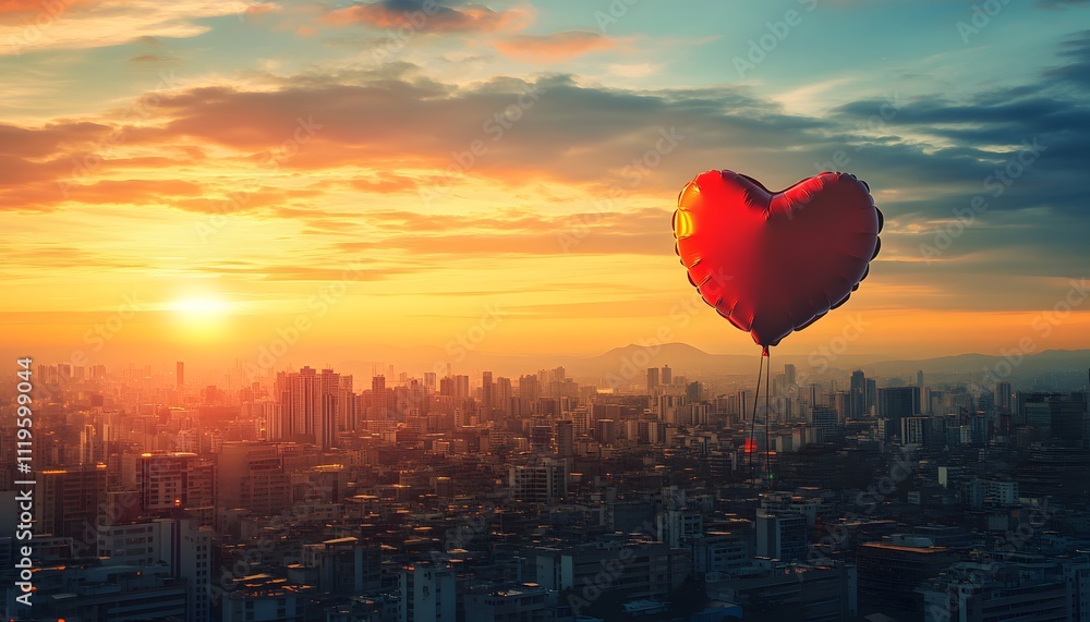 Fototapeta premium A vibrant sunset over a city skyline with a floating heart-shaped balloon, symbolizing love and romance in urban life.