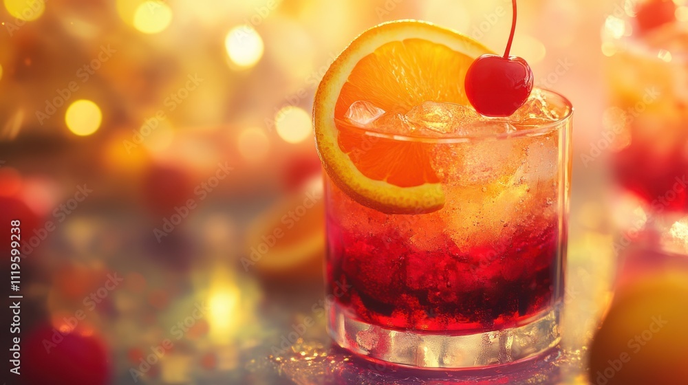 Red cocktail garnished with orange and cherry. Red cocktail garnished with orange and cherry.