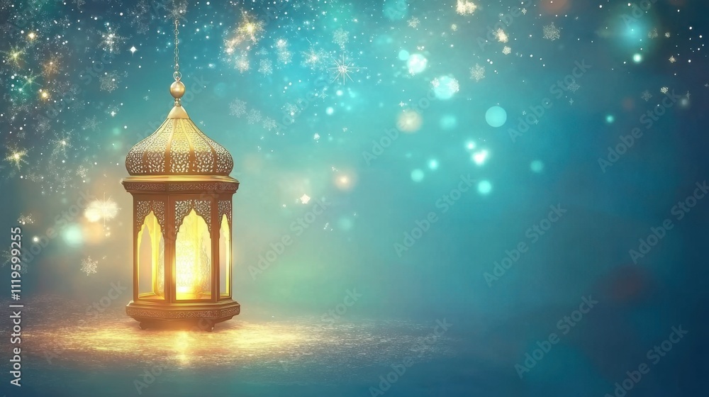 Glowing Golden Lantern with Starry Background Glowing Golden Lantern with Starry Background