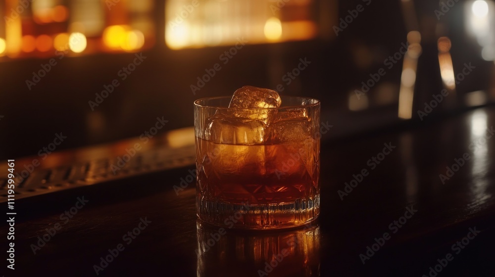 Amber cocktail with ice in rocks glass on bar. Amber cocktail with ice in rocks glass on bar.