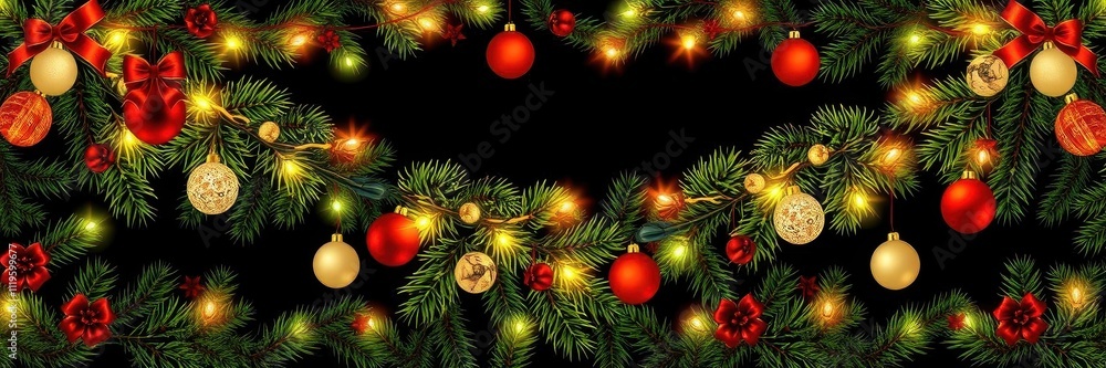 Fototapeta premium Seamless Christmas border with coniferous branches, garlands of lights, seamless, festive, garlands
