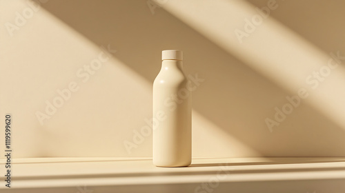 Unique minimalist bottle on a shelf with soft light casting shadows in a modern setting