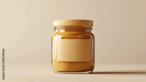 Glass jar filled with creamy nut butter placed on a neutral background showcasing its smooth texture and inviting color