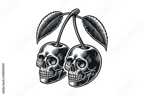 Two skulls as cherries with stems and leaves in bold tattoo style.  Black vintage engraving illustration line art, isolated, cut out, tattoo, print, embelm