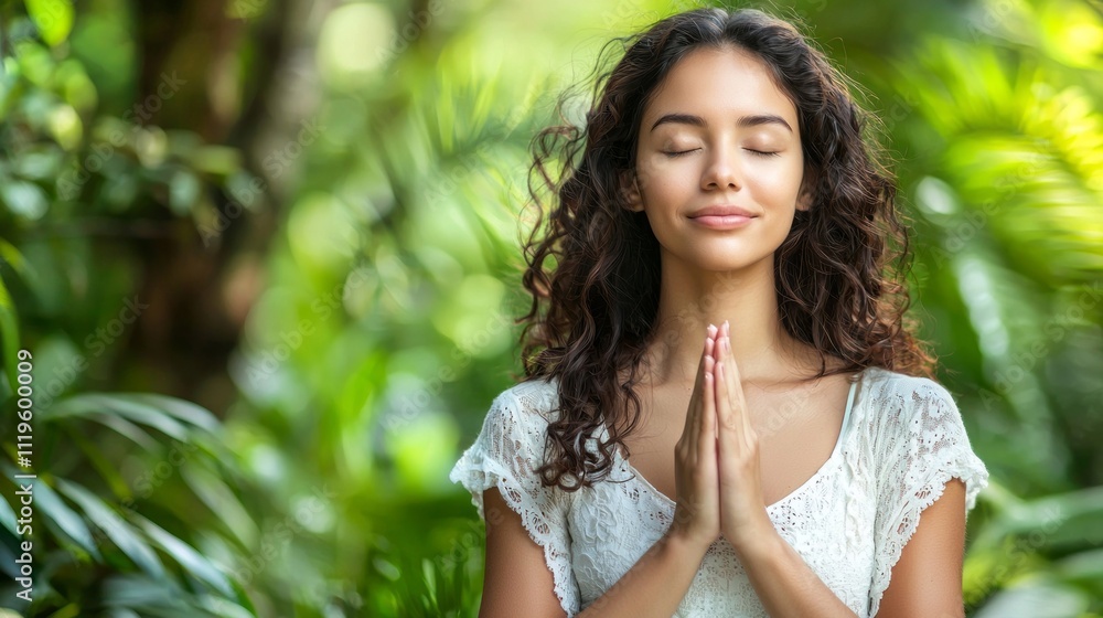 In a tranquil forest, a young Hispanic woman practices mindfulness with her hands gently clasped together. Her serene expression reflects a moment of inner peace amid vibrant nature In a tranquil forest, a young Hispanic woman practices mindfulness with her hands gently clasped together. Her serene expression reflects a moment of inner peace amid vibrant nature