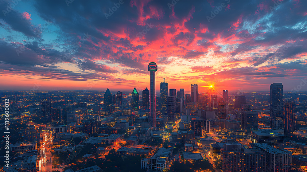 Photography of the Dallas skyline at dusk, featuring the shimmering lights of skyscrapers, the iconic Reunion Tower, and a fiery sunset illuminating the cityscape. Photography of the Dallas skyline at dusk, featuring the shimmering lights of skyscrapers, the iconic Reunion Tower, and a fiery sunset illuminating the cityscape.