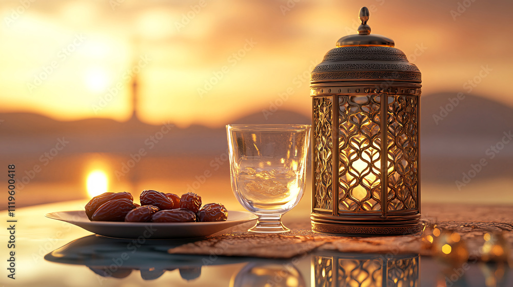 Muslim Holy Month Ramadan Kareem - Ornamental Arabic Lantern With Burning Candle Glowing At Evening Muslim Holy Month Ramadan Kareem - Ornamental Arabic Lantern With Burning Candle Glowing At Evening