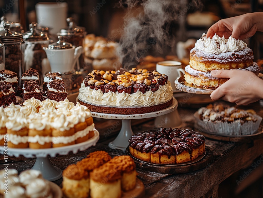 A cozy display of assorted cakes and pastries, showcasing rich textures and creamy toppings in a warm, inviting atmosphere. A cozy display of assorted cakes and pastries, showcasing rich textures and creamy toppings in a warm, inviting atmosphere.