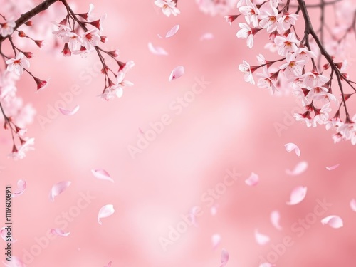 Soft pink sakura petals gently falling in the background, creating a dreamy atmosphere, spring, petals